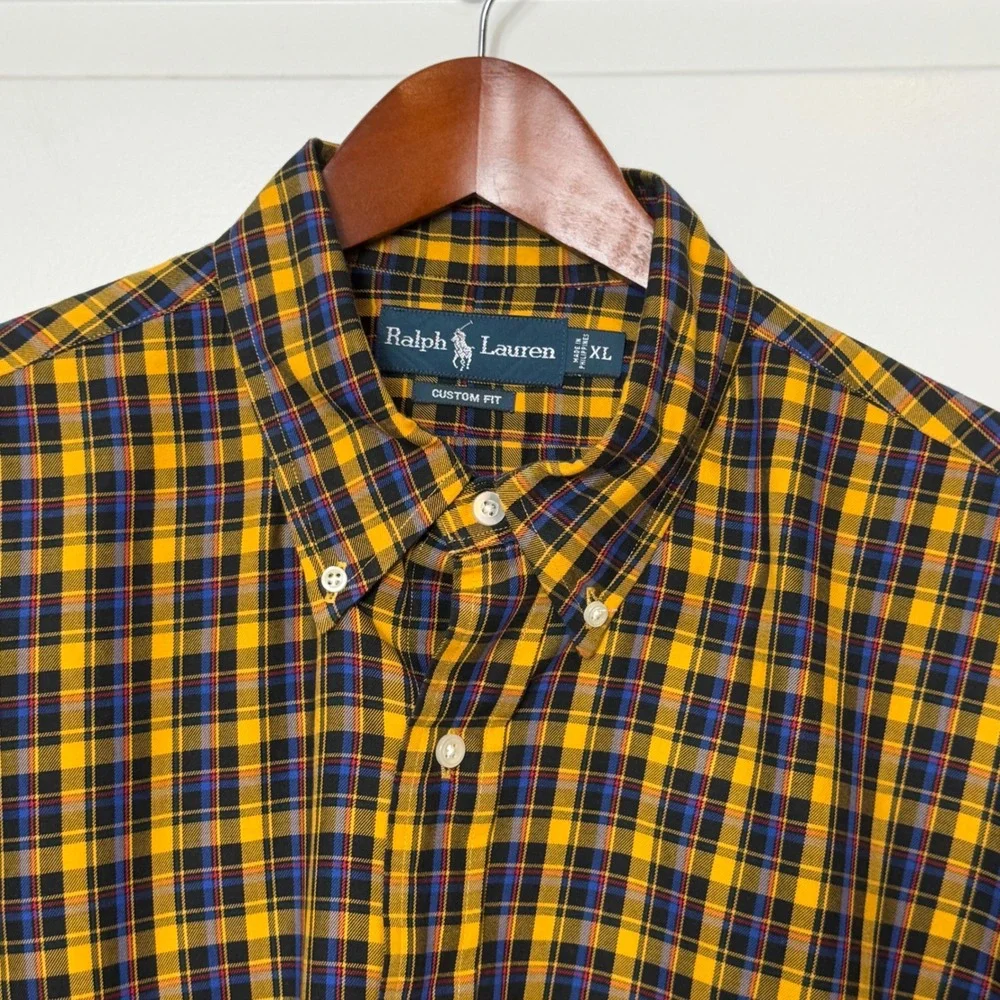 Ralph Lauren Mens XL Custom Fit Plaid Button Down Shirt Yellow Blue Black Cotton